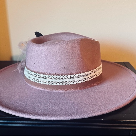 Women's Pink Fedora Hat with Lace Trim - Picture 4 of 6
